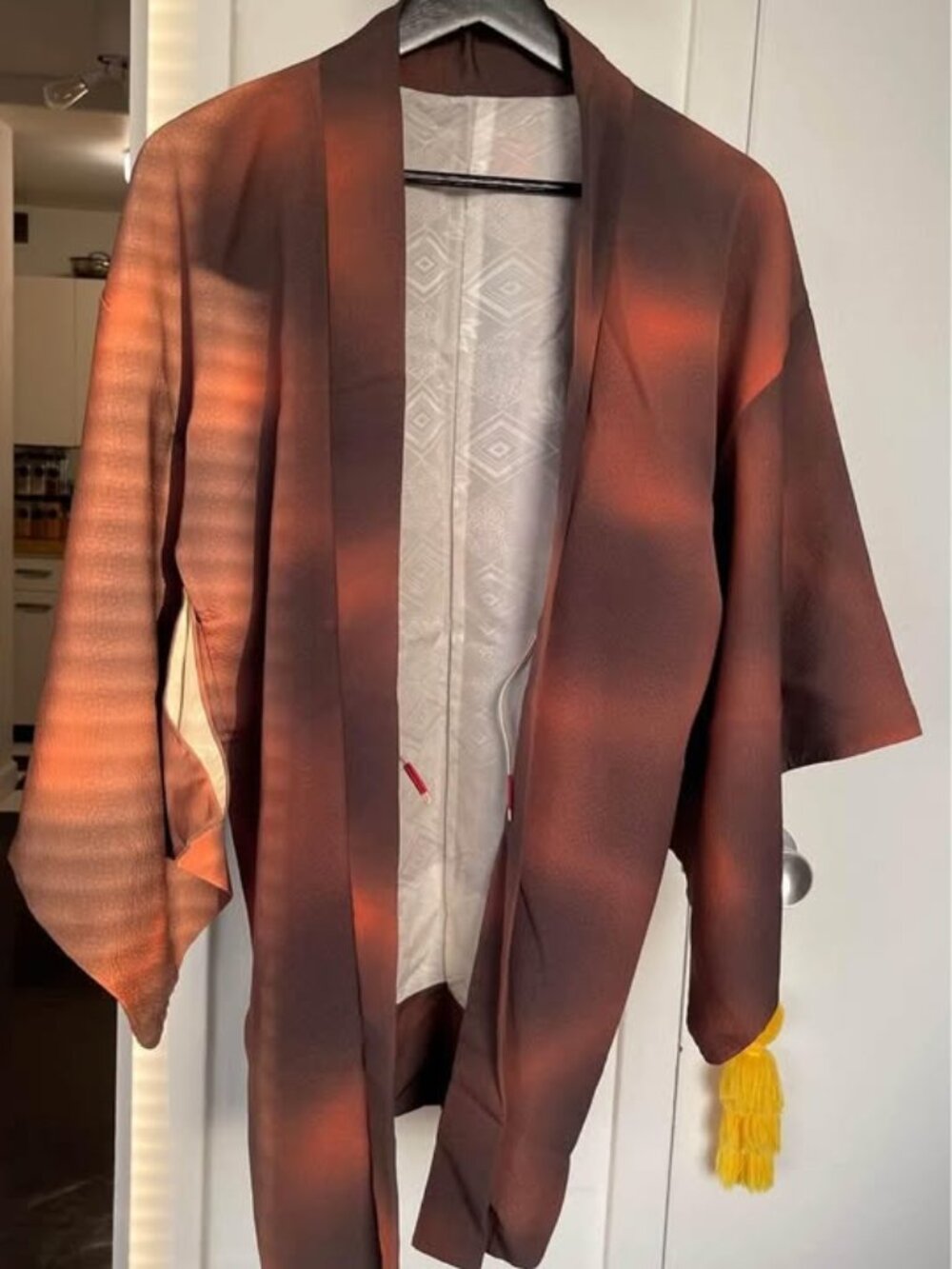 Vintage 100% Japanese Silk Haori Kimono Jacket Red Brown Pebbled Pattern
